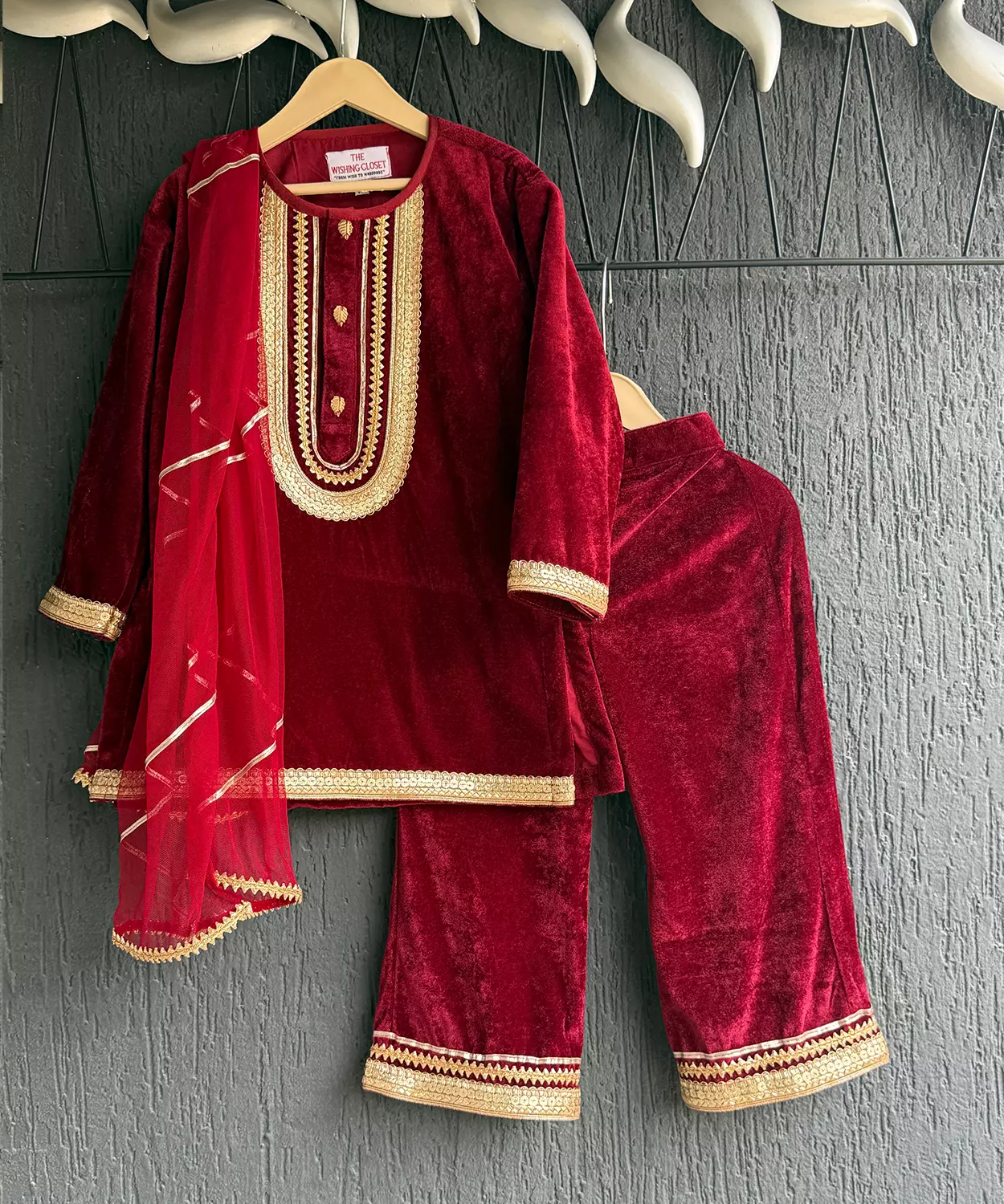 Maroon Velvet Kurta Co-Ord Set