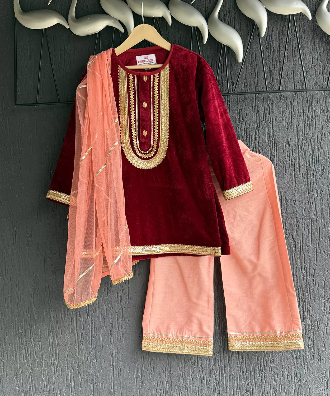 Maroon Velvet Kurta With Contrasting Silk Bottoms