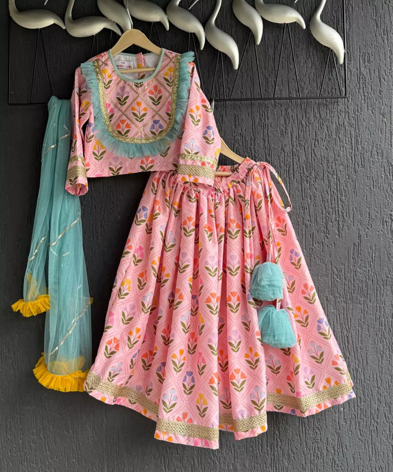 Pink Geometric Flower Print Lehenga Set