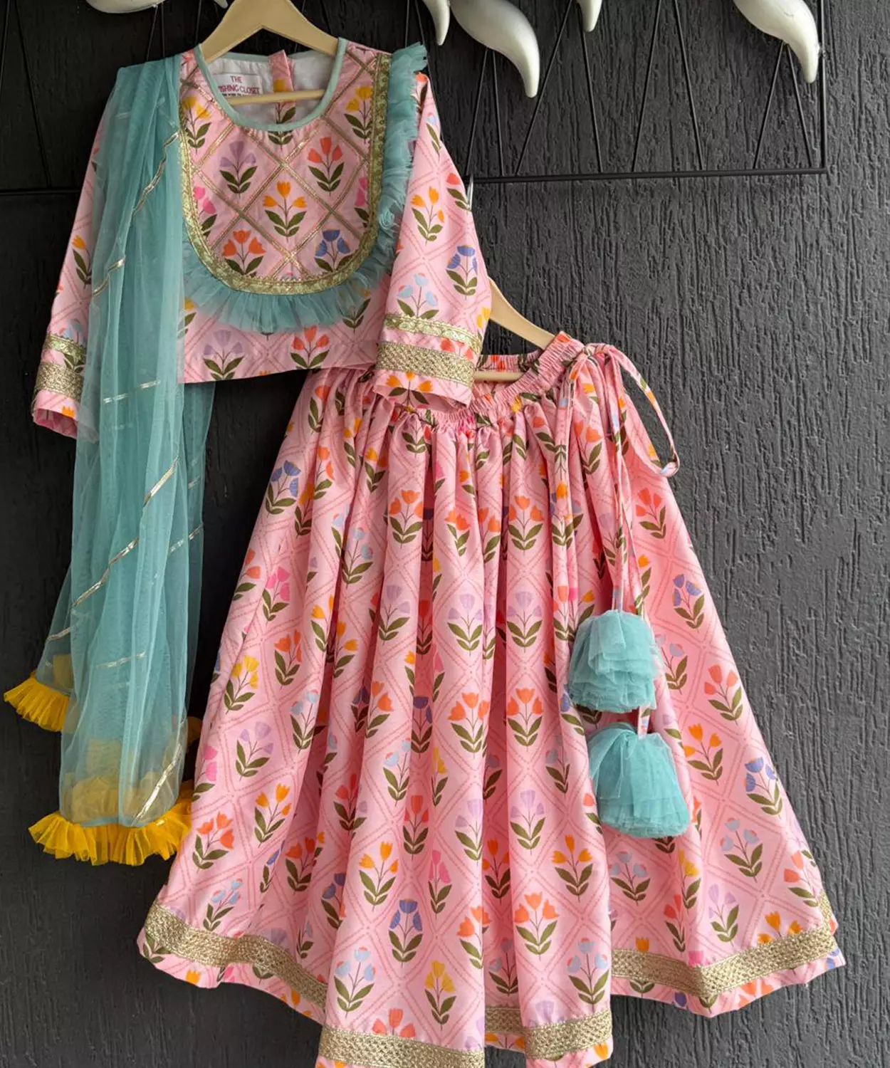 Pink Geometric Flower Print Lehenga Set