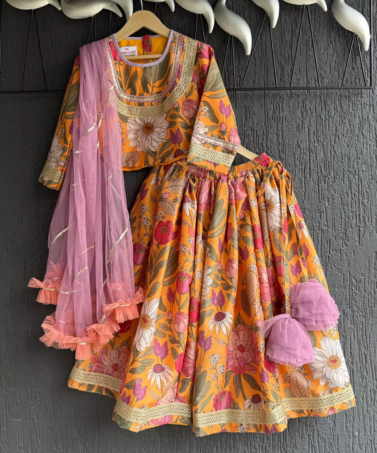 Orange Bold Floral Print Lehenga Set