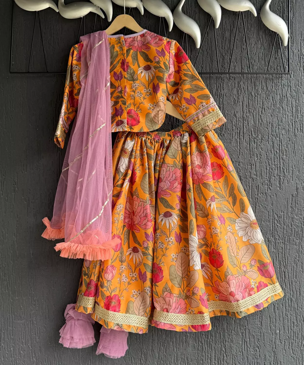 Orange Bold Floral Print Lehenga Set