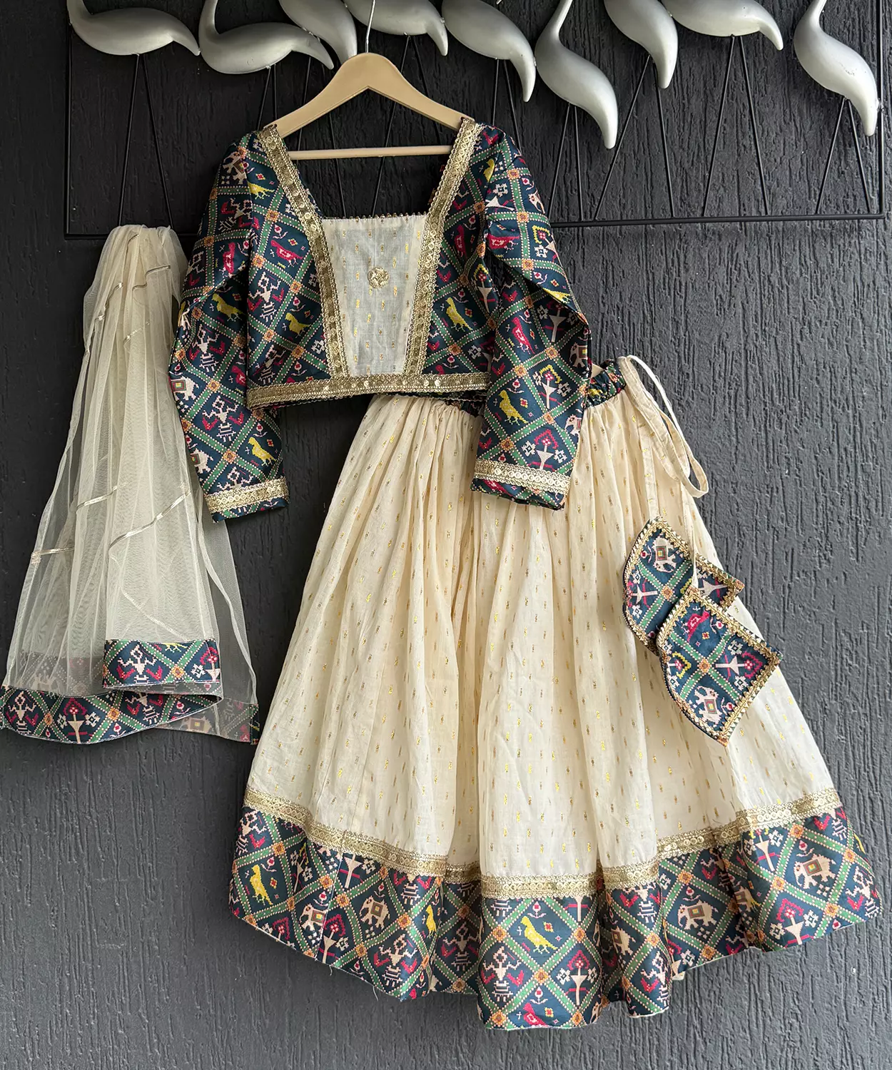 Navy Blue Patola Print Blouse And Skirt