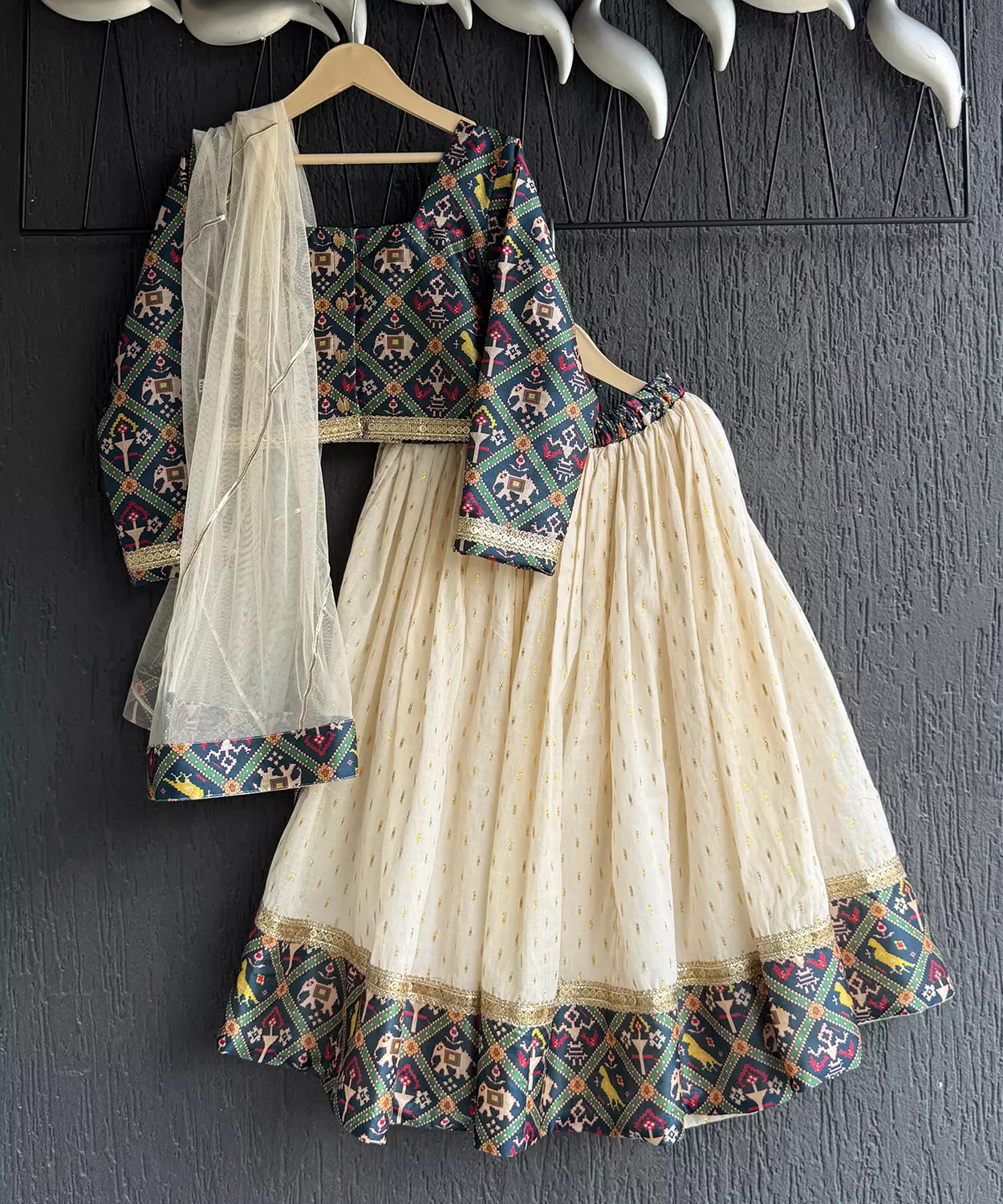 Navy Blue Patola Print Blouse And Skirt