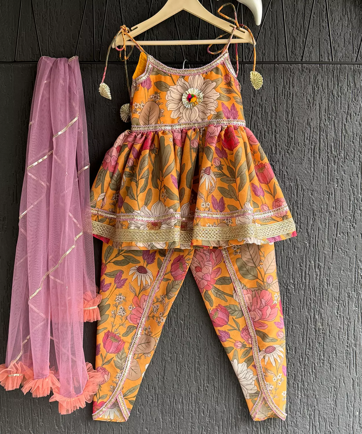 Orange Bold Flower Strap Kurta With Dhoti