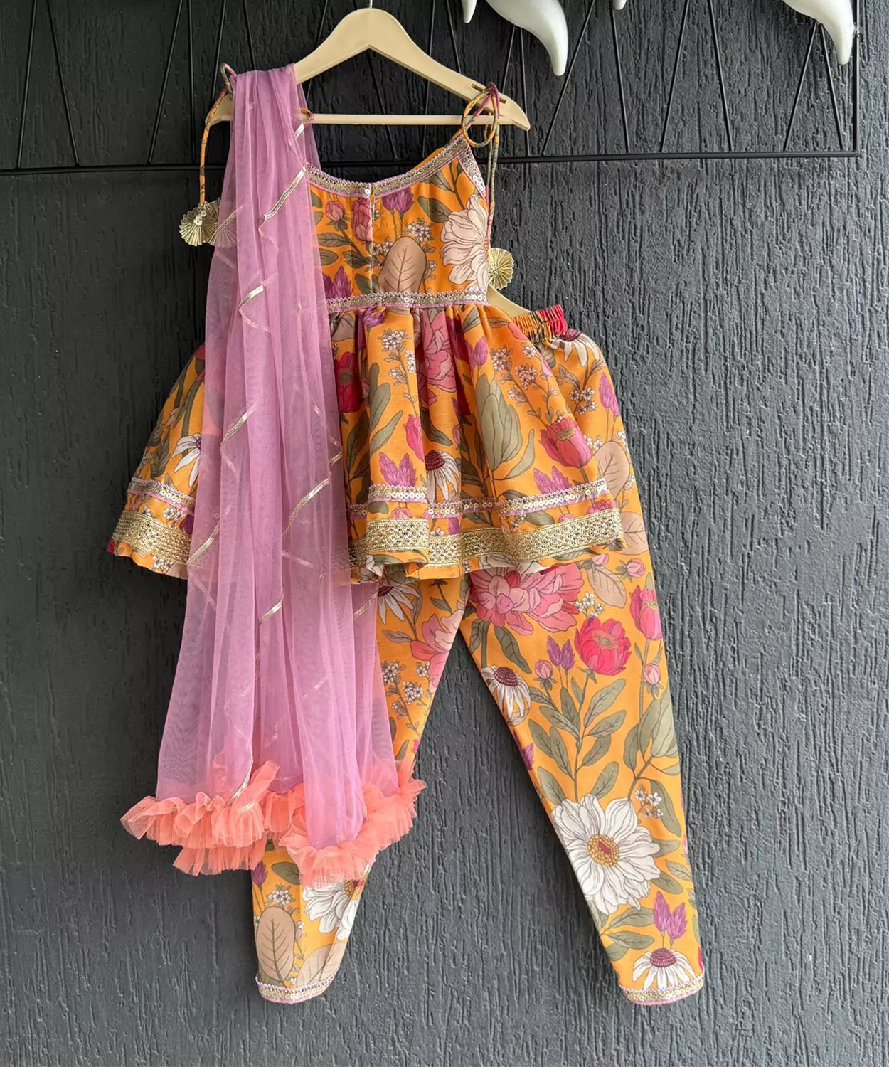 Orange Bold Flower Strap Kurta With Dhoti