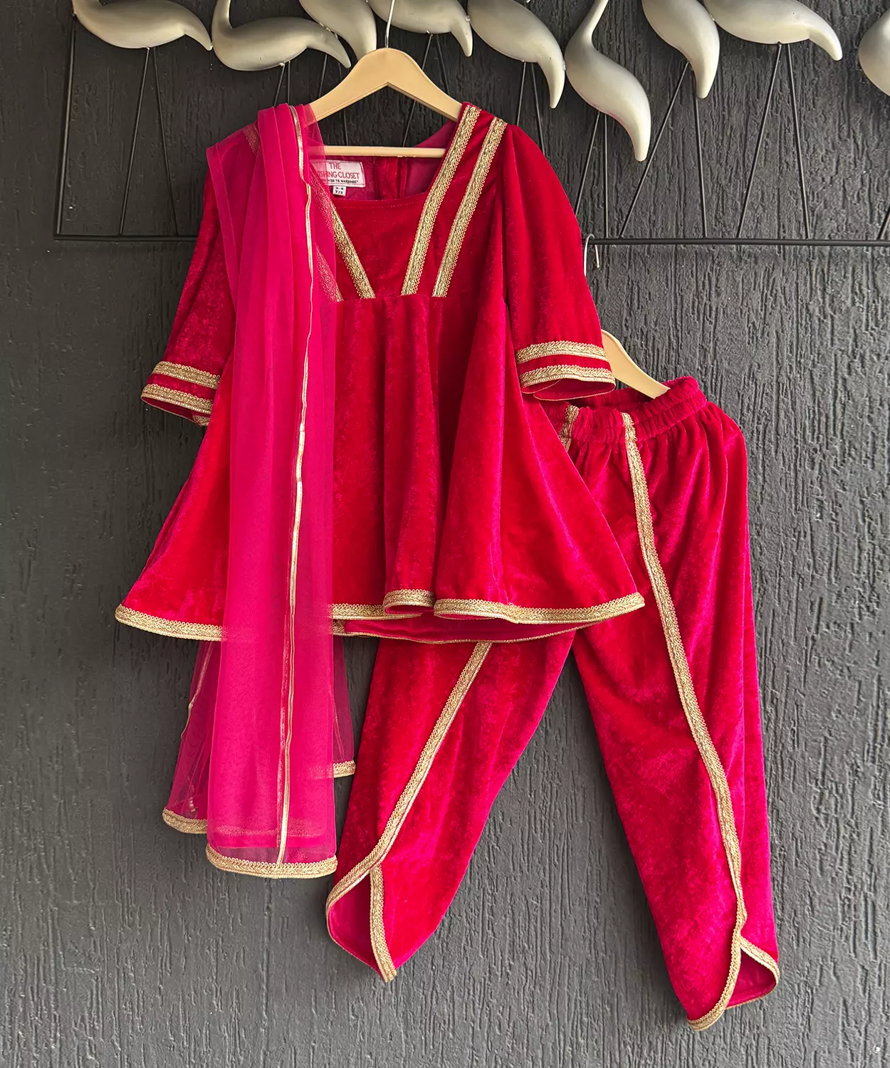 Fuchsia Pink Frock-Style Velvet Dhoti Set With Dupatta