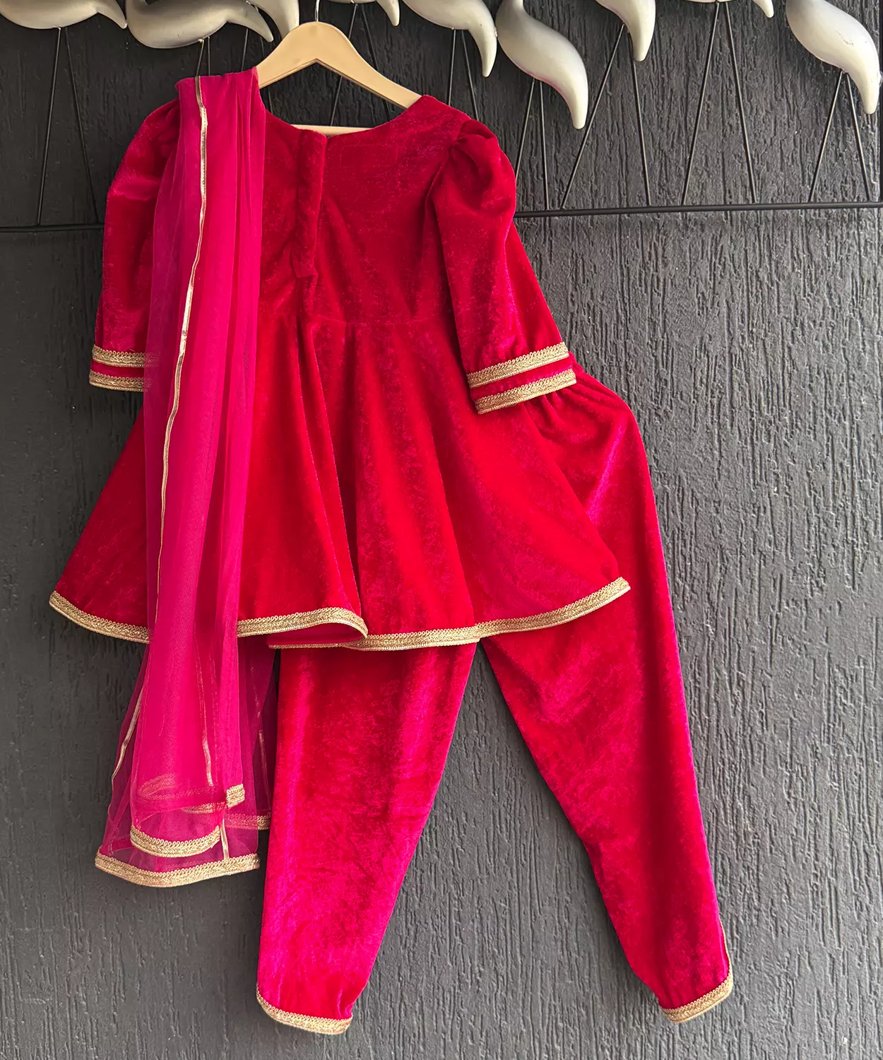 Fuchsia Pink Frock-Style Velvet Dhoti Set With Dupatta