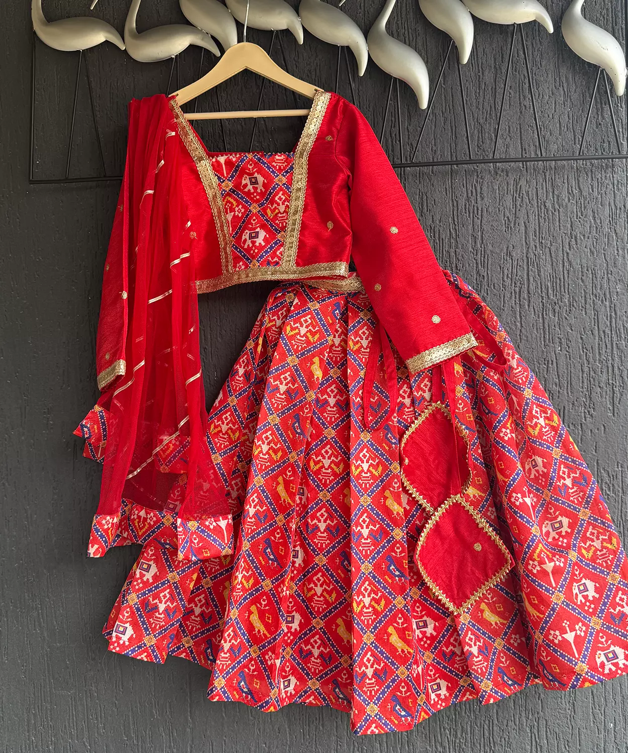 Red Patola Print Blouse And Lehenga Set