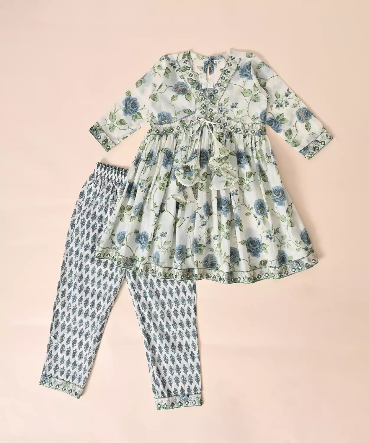 Pure Cotton Full Sleeves Floral Block Printed Lace Embellished Top With Pant Set