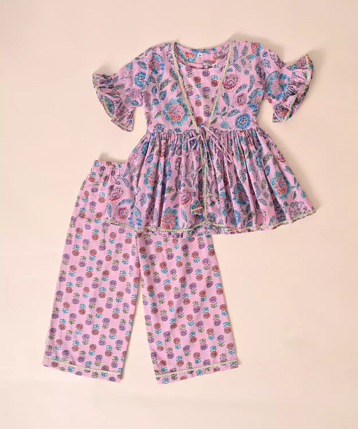 Pure Cotton Frill Sleeves Floral Block Printed Lace Embellished Top With Plazzo Set