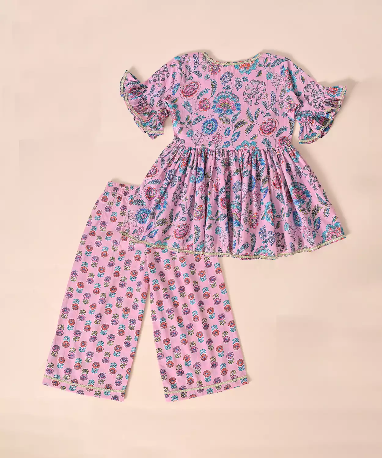 Pure Cotton Frill Sleeves Floral Block Printed Lace Embellished Top With Plazzo Set