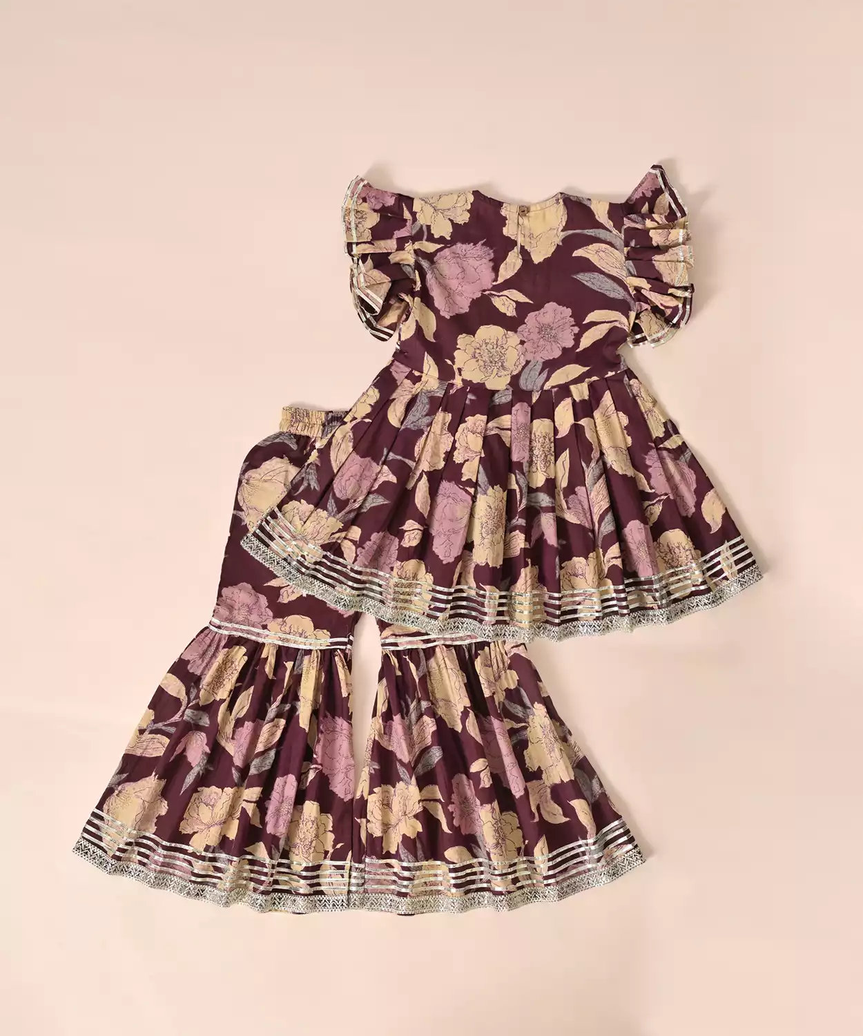 Frill Sleeves Floral Block Printed Lace Embellished Top With Sharara Set