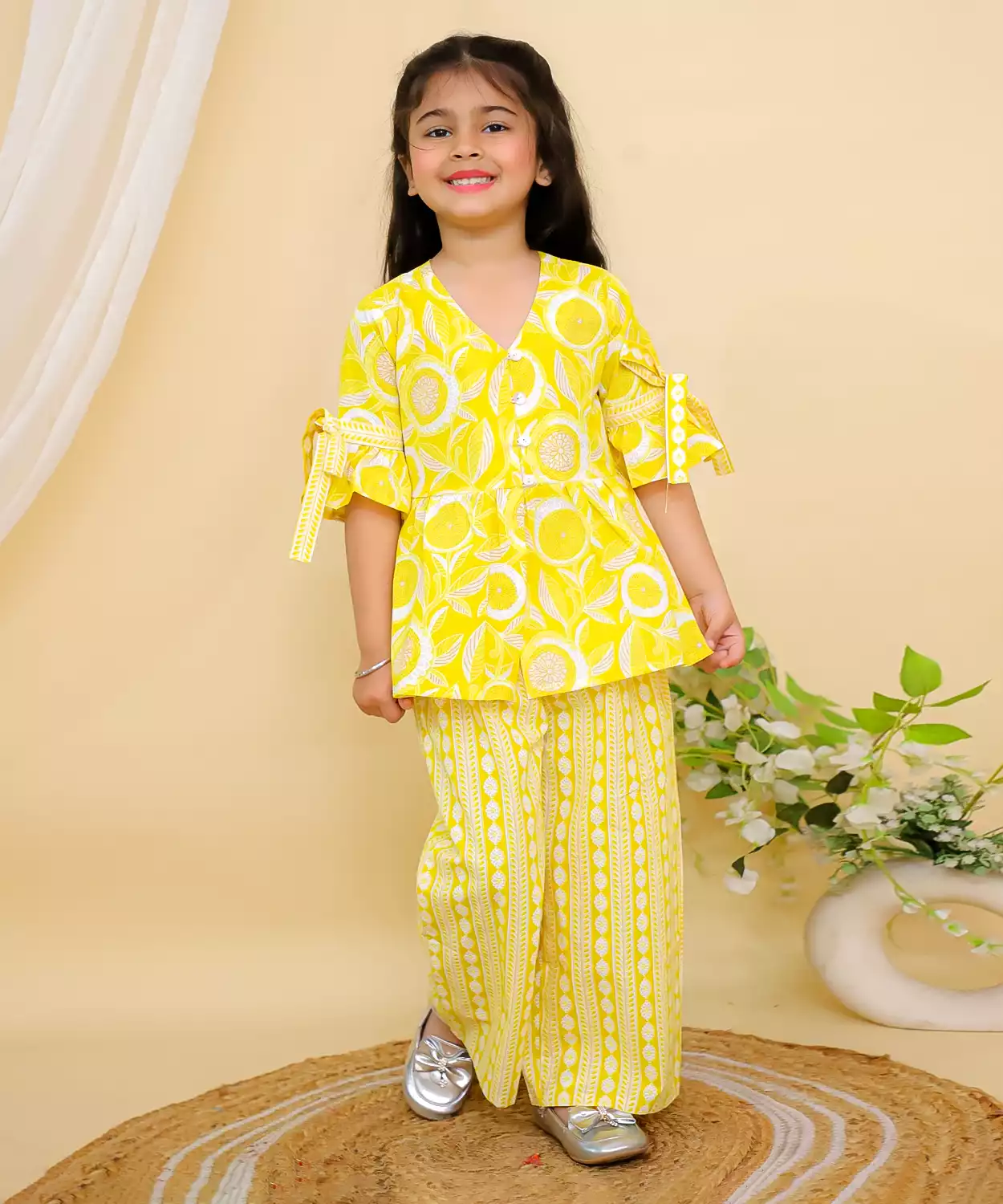 Girls Co-Ord Set Khadi Print - Yellow