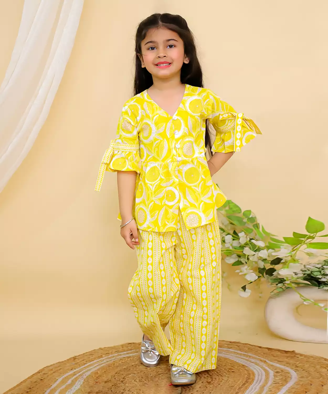 Girls Co-Ord Set Khadi Print - Yellow