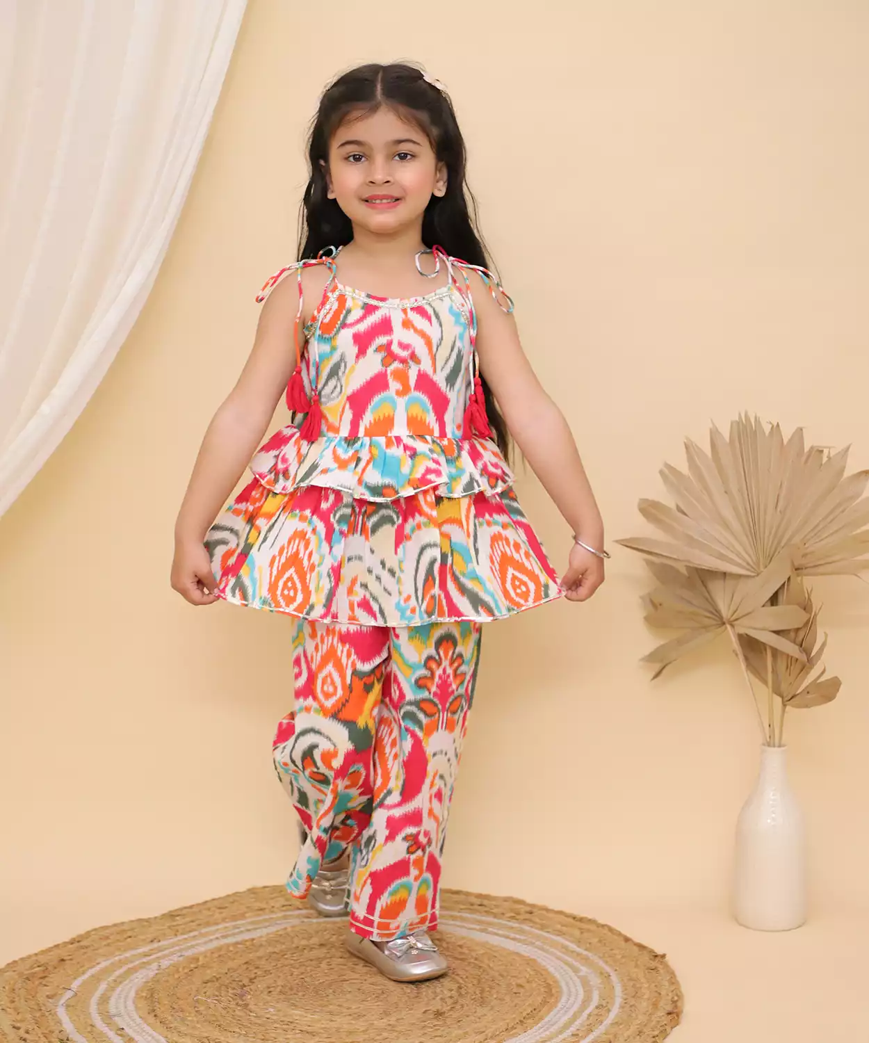 Girls Pink Ikkat String Co-Ord Set - Pink