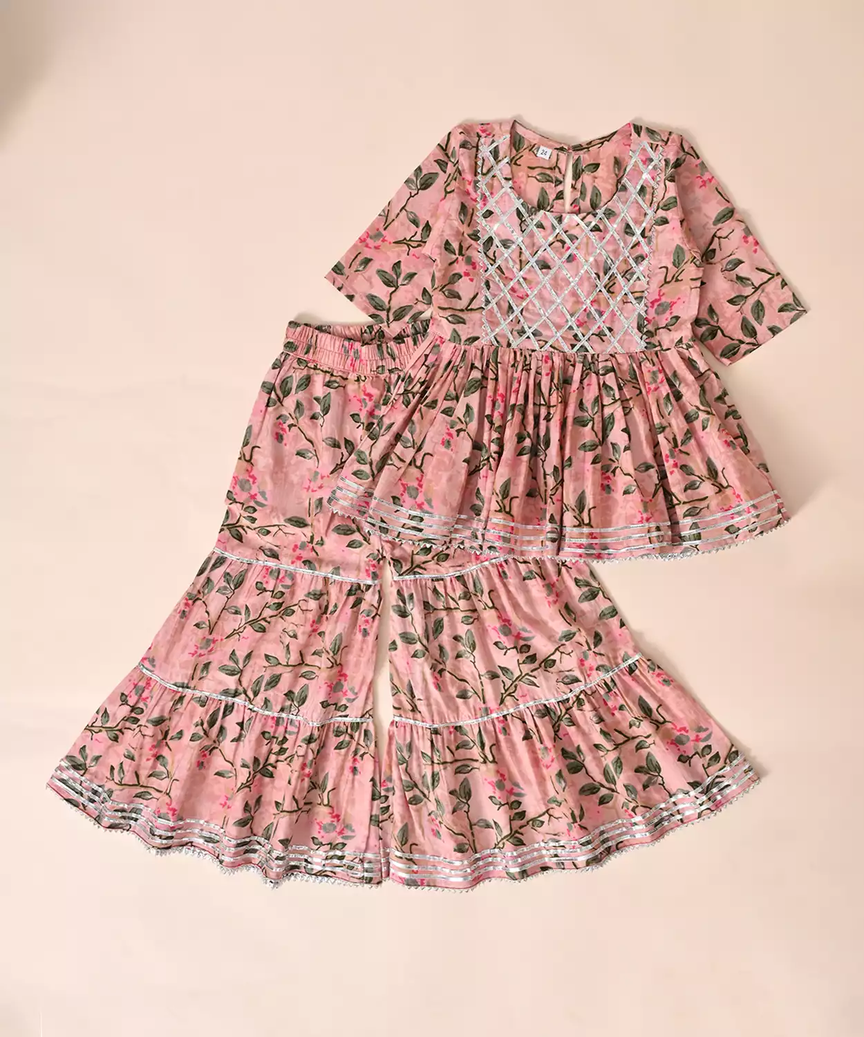 Pure Cotton Full Sleeves Floral Block Printed Lace Embellished Top With Sharara Set