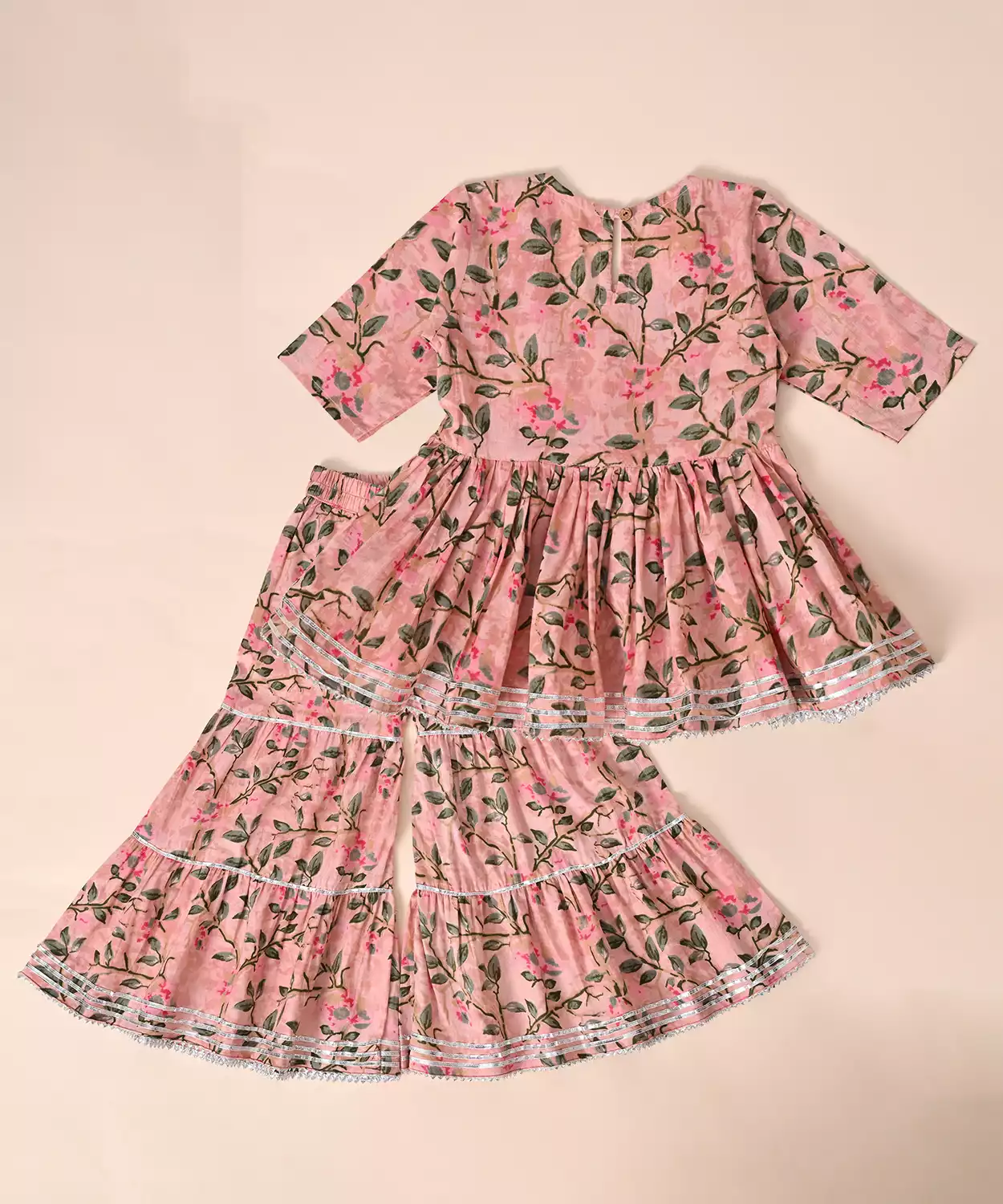 Pure Cotton Full Sleeves Floral Block Printed Lace Embellished Top With Sharara Set