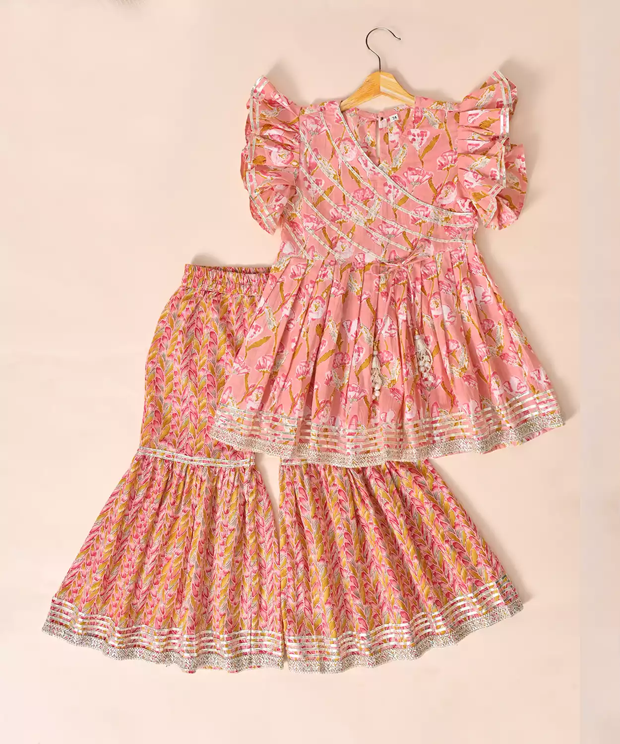 Pure Cotton Frill Sleeves Floral Block Printed Lace Embellished Top With Sharara Set