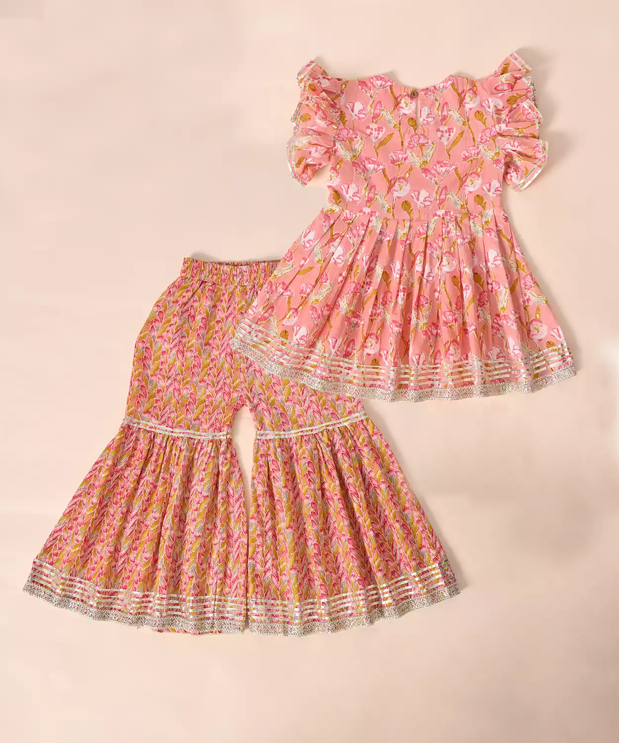 Pure Cotton Frill Sleeves Floral Block Printed Lace Embellished Top With Sharara Set