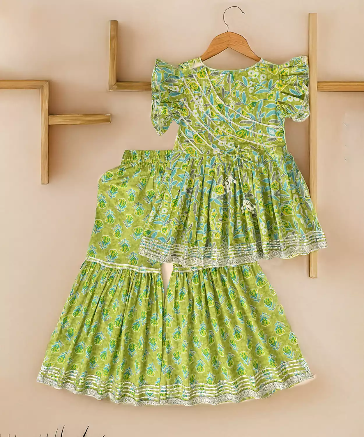 Pure Cotton Frill Sleeves Floral Block Printed Lace Embellished Top With Sharara Set