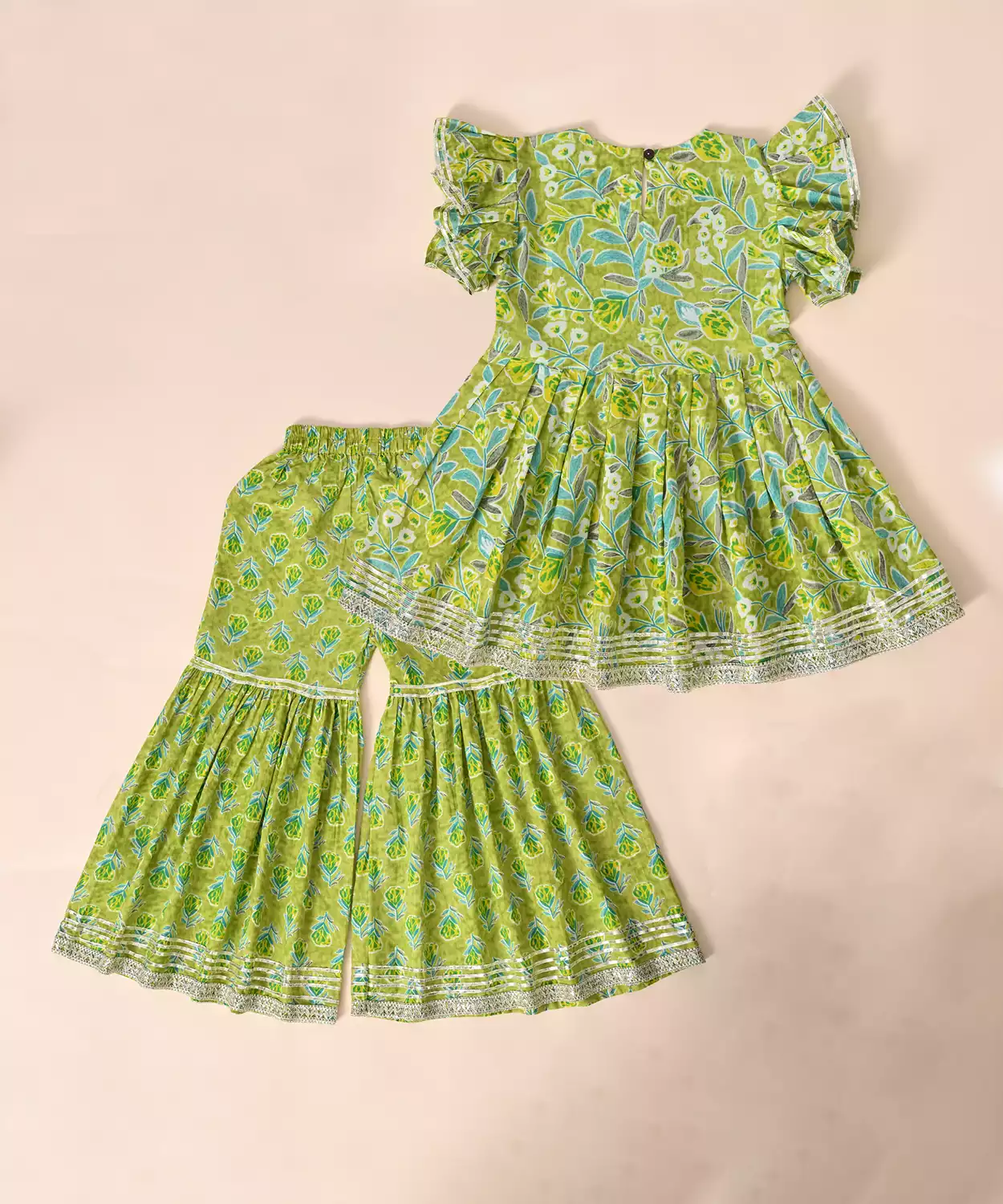 Pure Cotton Frill Sleeves Floral Block Printed Lace Embellished Top With Sharara Set