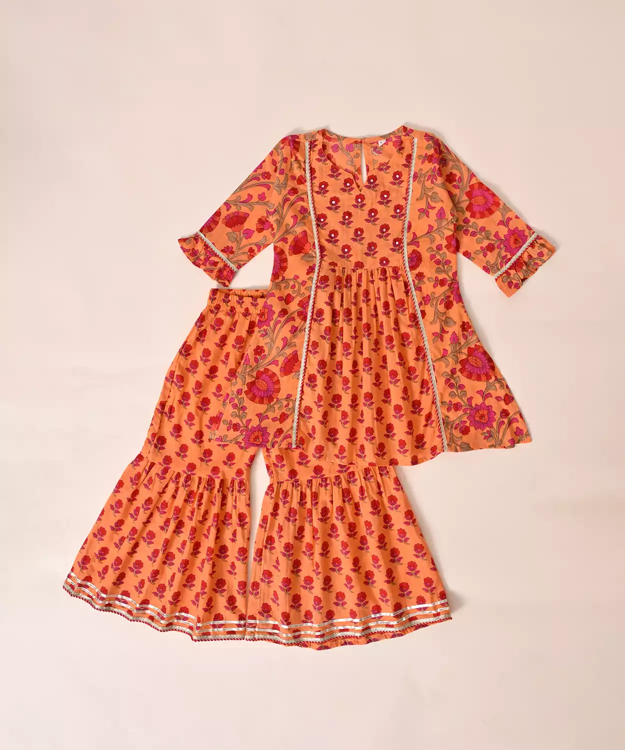 Pure Cotton Full Sleeves Floral Block Printed Lace Embellished Top With Sharara Set