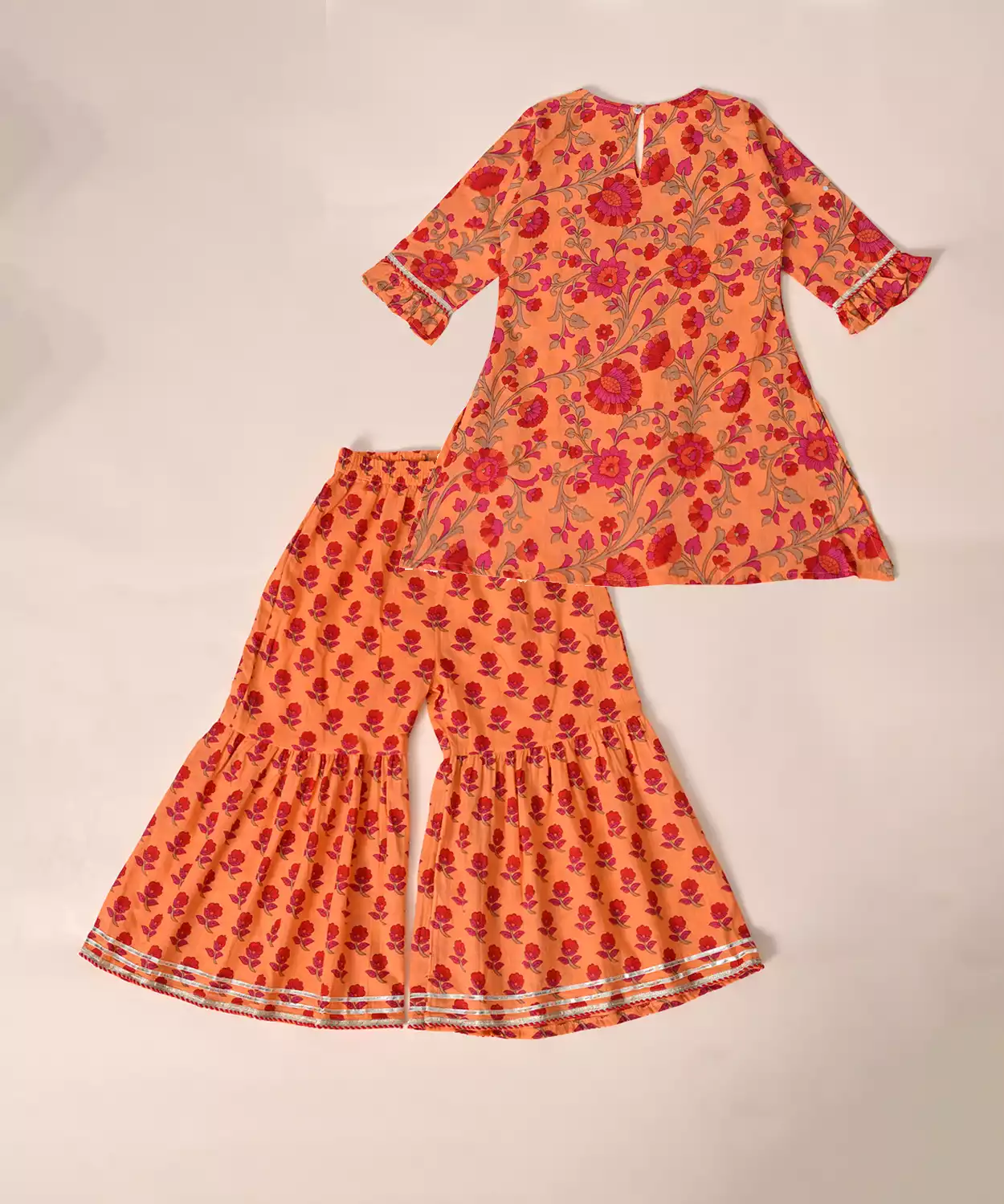 Pure Cotton Full Sleeves Floral Block Printed Lace Embellished Top With Sharara Set