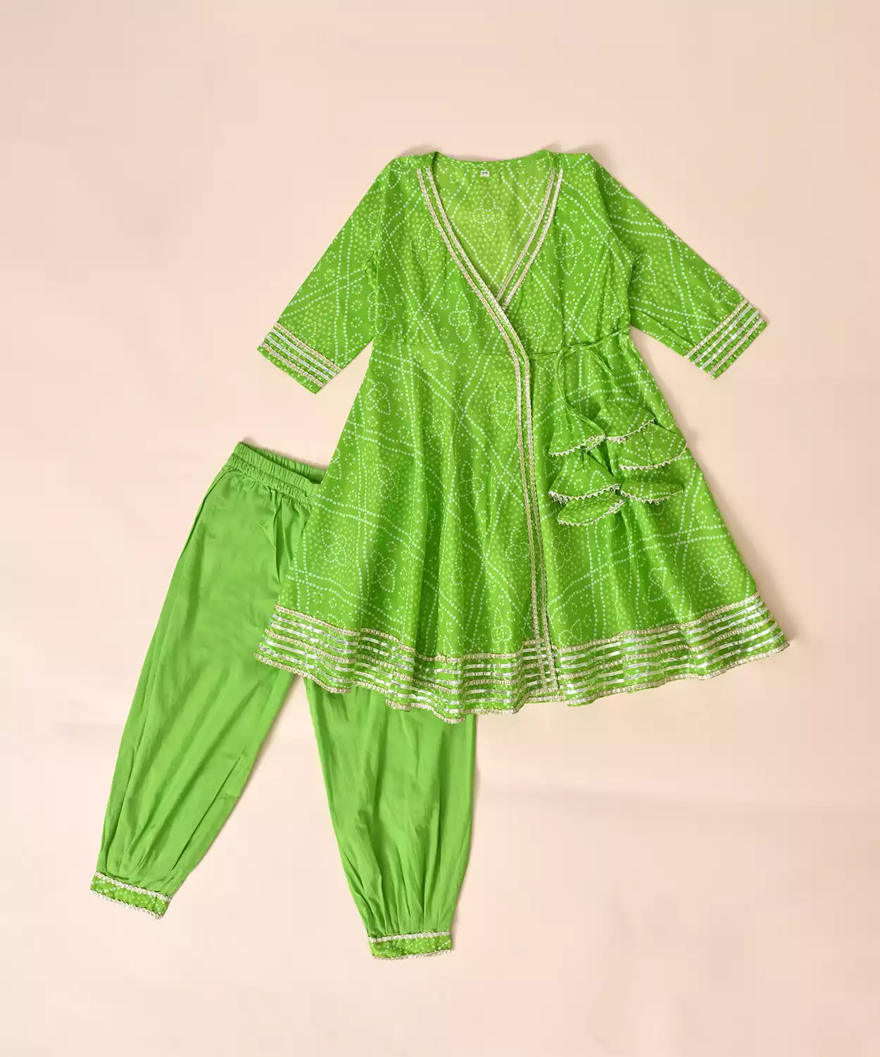 Pure Cotton Full Sleeves Tie And Dye Lace Embellished Angrakha Style Top With Pant - Green