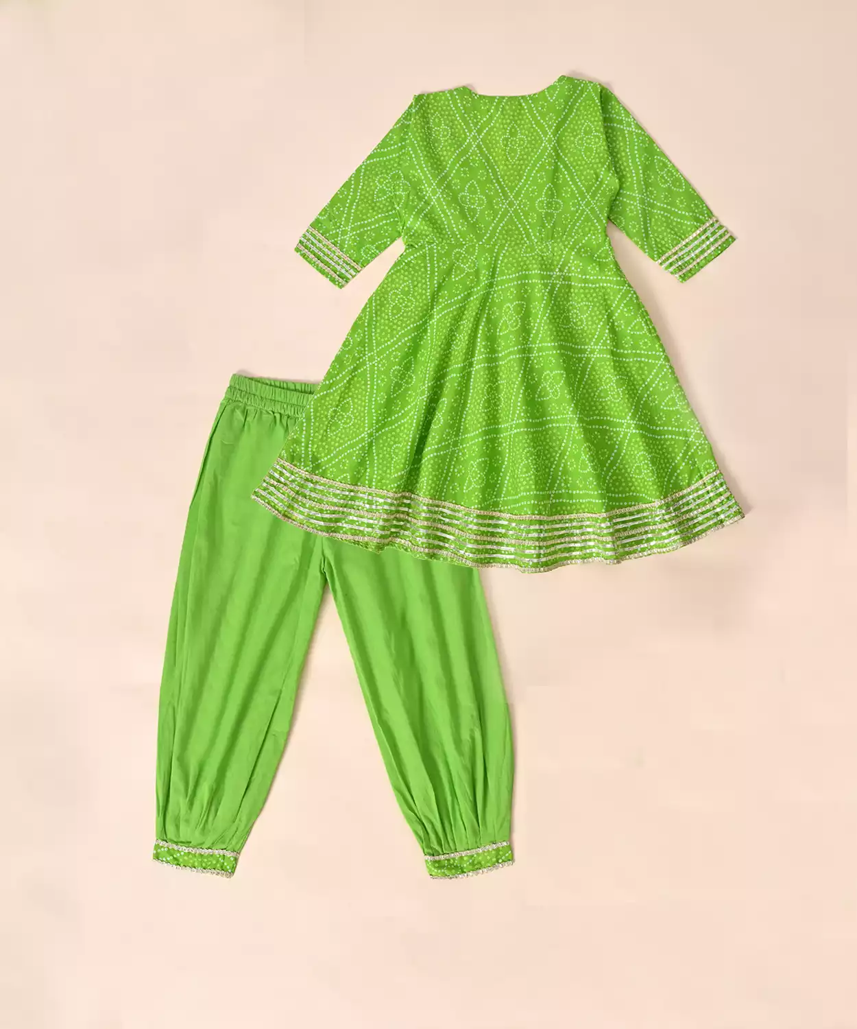 Pure Cotton Full Sleeves Tie And Dye Lace Embellished Angrakha Style Top With Pant - Green