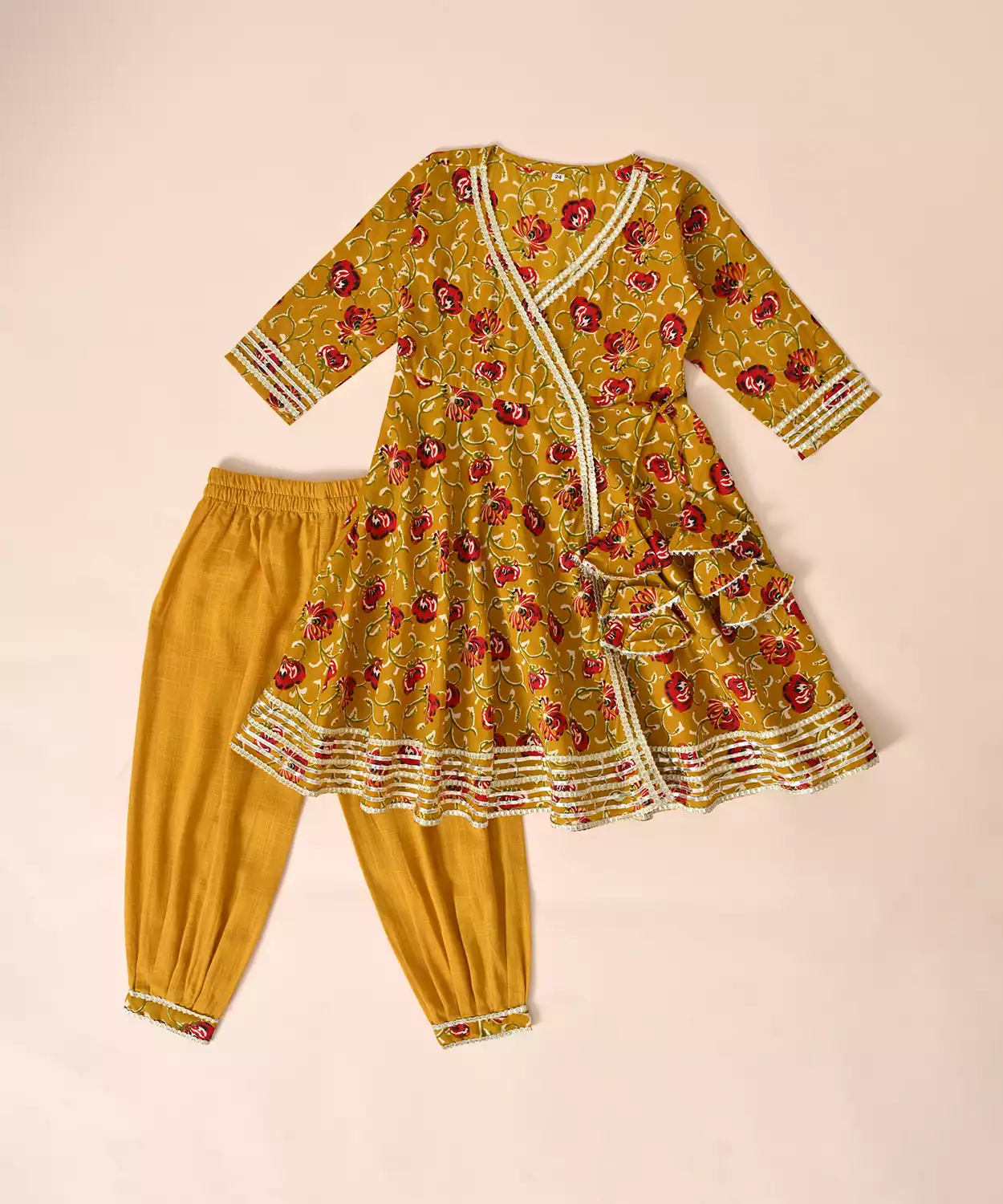 Pure Cotton Full Sleeves Floral Block Printed Lace Embellished Angrakha Style Top With Pant - Yellow