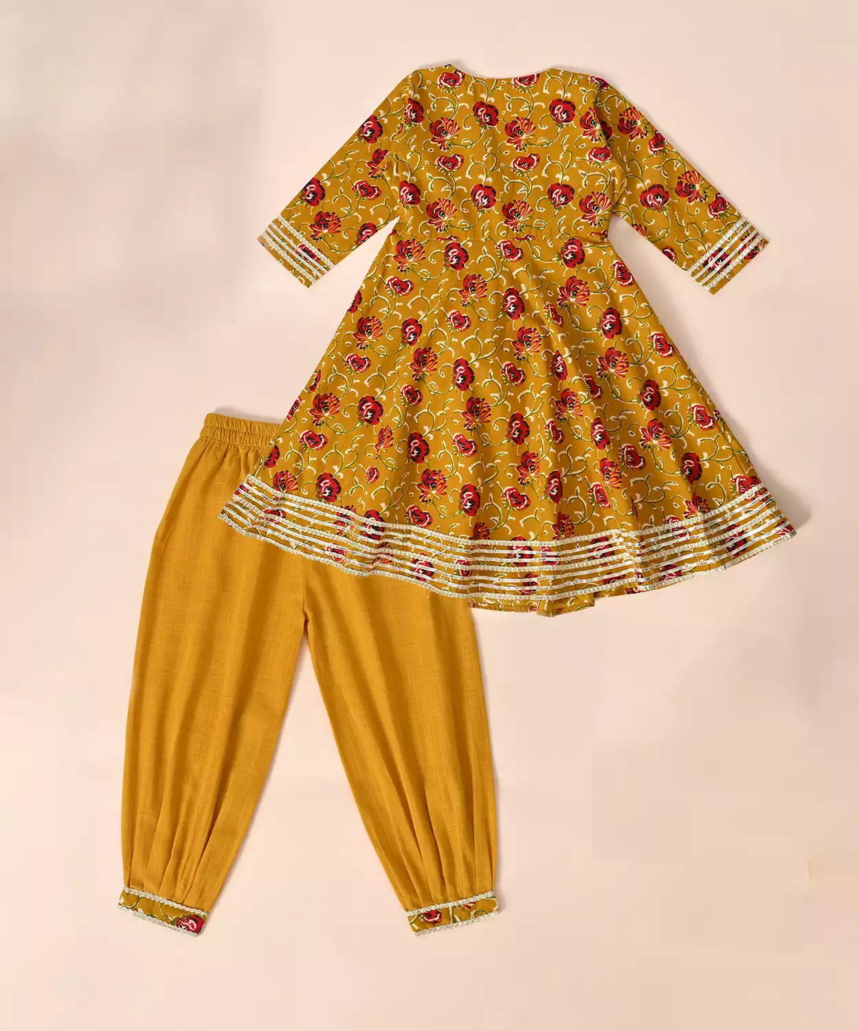 Pure Cotton Full Sleeves Floral Block Printed Lace Embellished Angrakha Style Top With Pant - Yellow