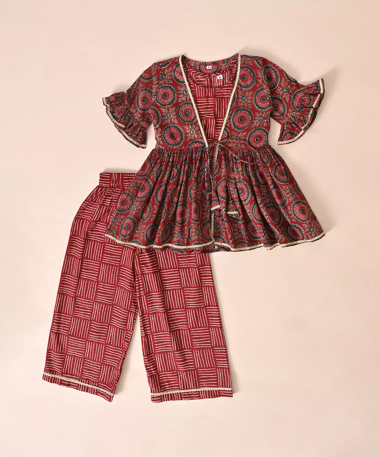 Pure Cotton Frill Sleeves Floral Block Printed Lace Embellished Top With Plazzo Set