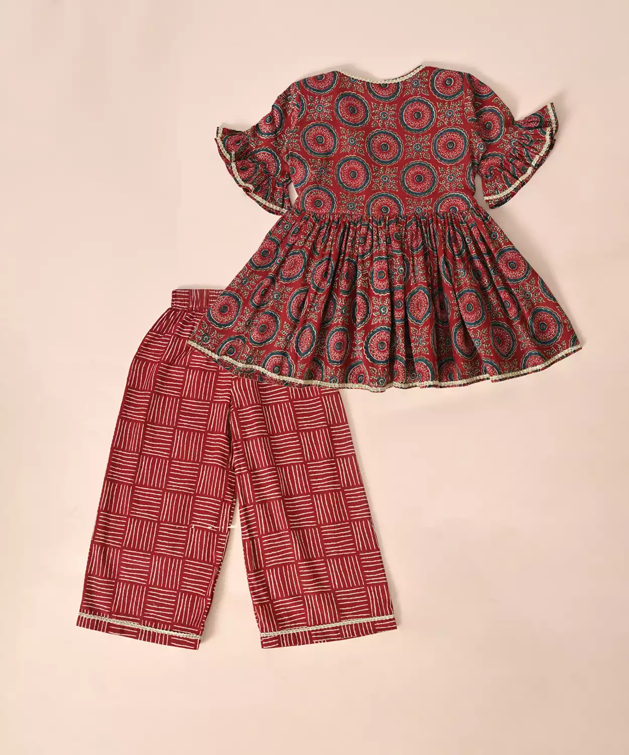 Pure Cotton Frill Sleeves Floral Block Printed Lace Embellished Top With Plazzo Set