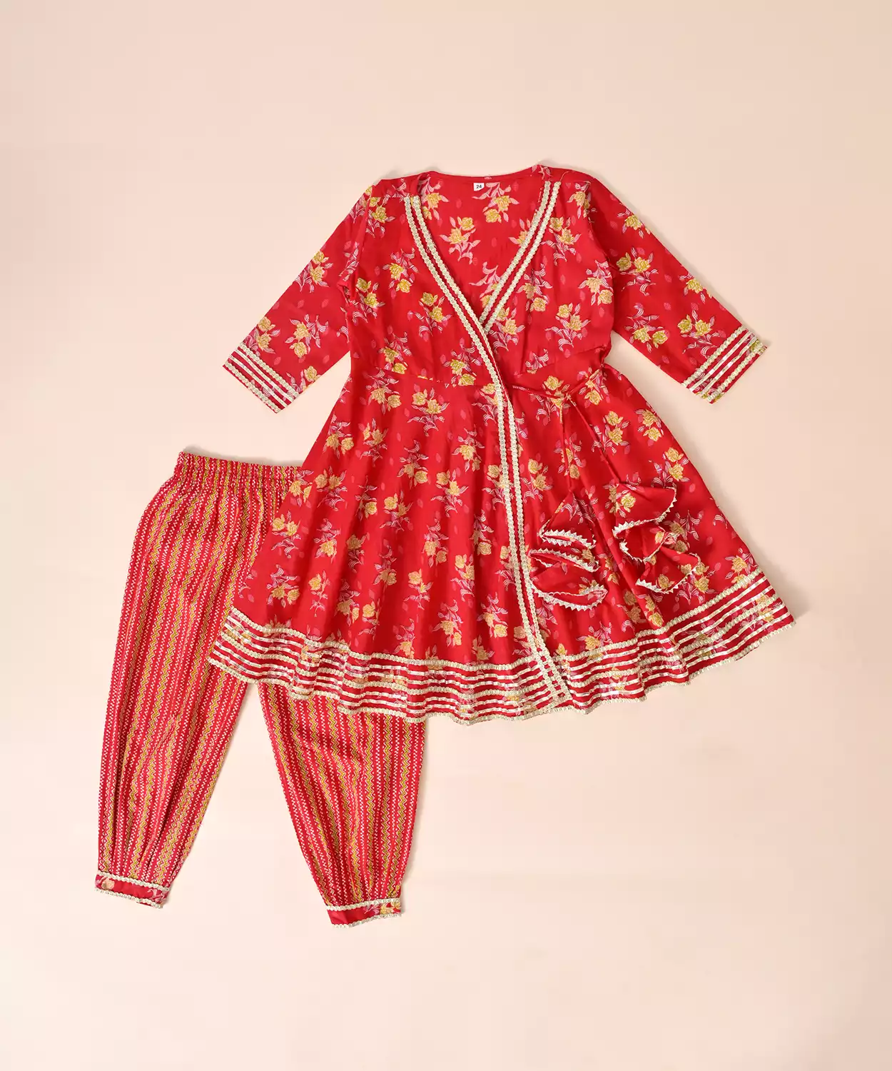 Pure Cotton Full Sleeves Floral Block Printed Lace Embellished Angrakha Style Top With pant - Green