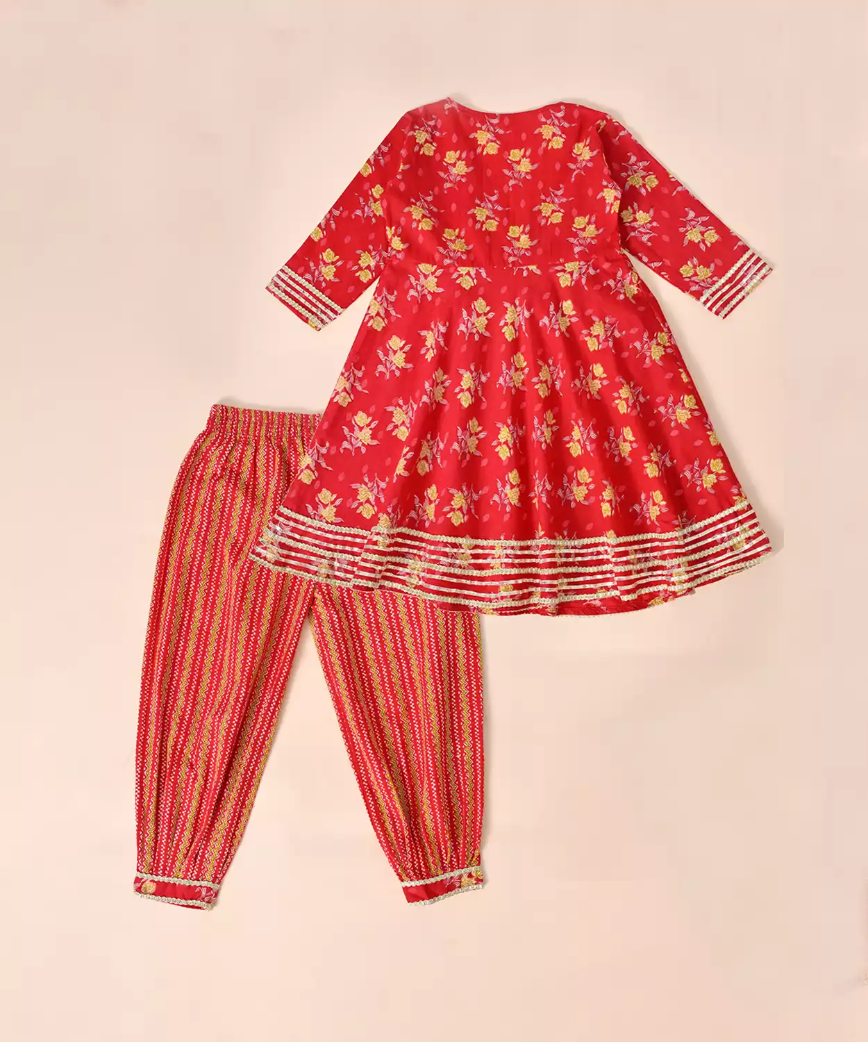 Pure Cotton Full Sleeves Floral Block Printed Lace Embellished Angrakha Style Top With pant - Green