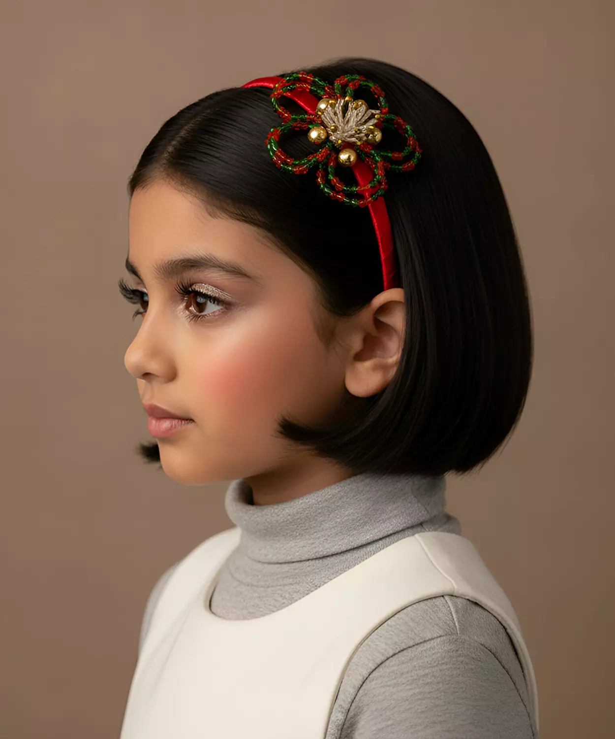 Christmas Floral Hairband - Festive Xmas Kids Hair Accessory For Girls, Santa Red, Gold