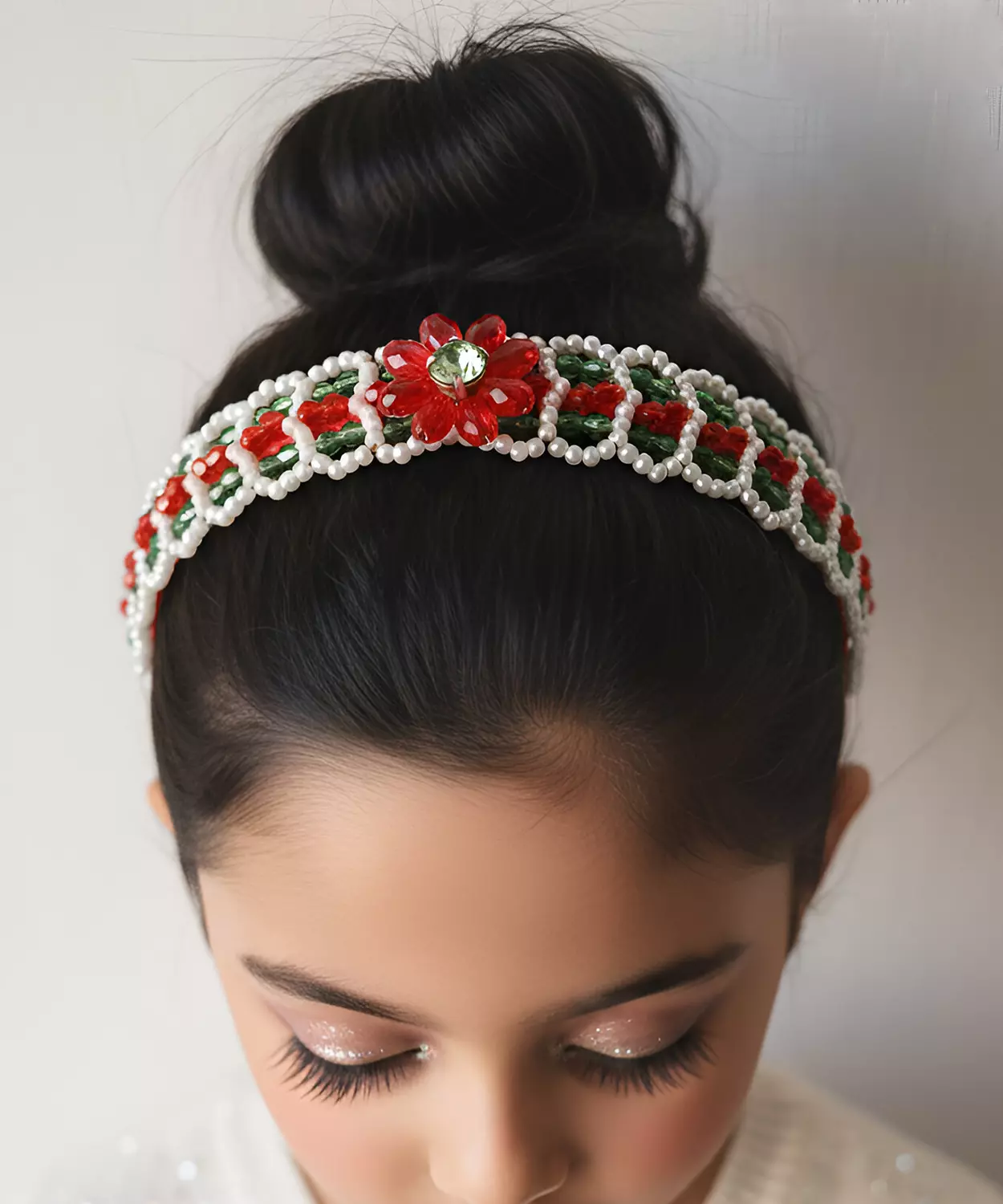 Christmas Girls Beaded Hairband, Holiday Kids Hair Accessory For Girls, Santa Red & Green