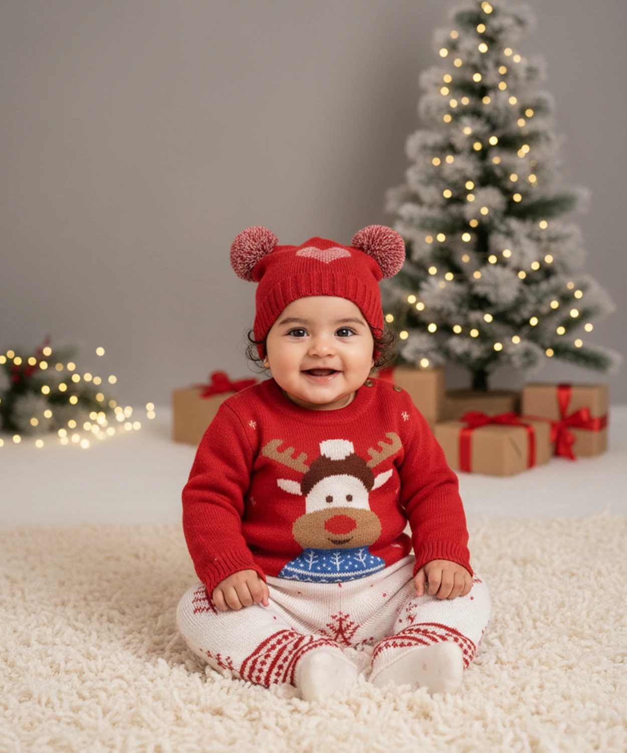 Red & Pink Reindeer Jacquard Sweater, Lower & Cap Set Of 3