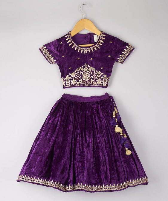 Floral Sequin Work Purple Velvet Top With Lehenga