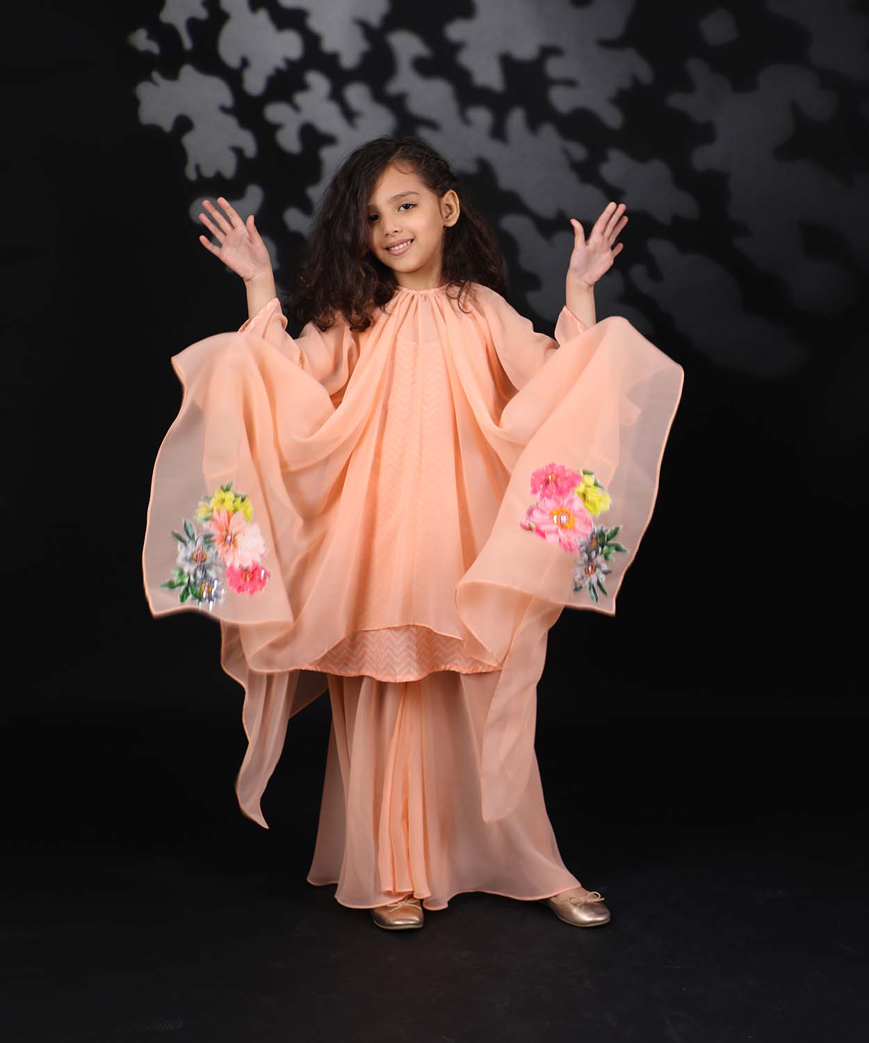 Salmon Asymetrical Georgette Tunic With Pants