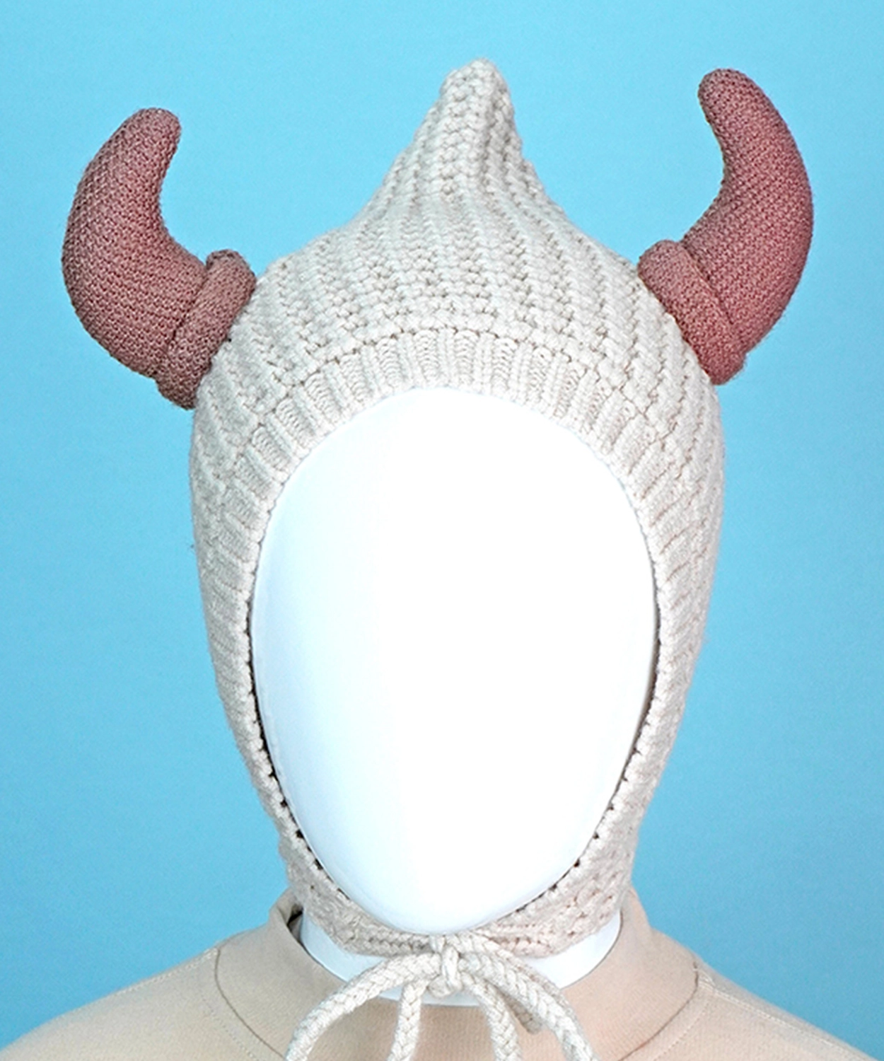 Cream Baby Horns Knitted Soft Woolen Winter Cap With Tie Up- 6M-18M