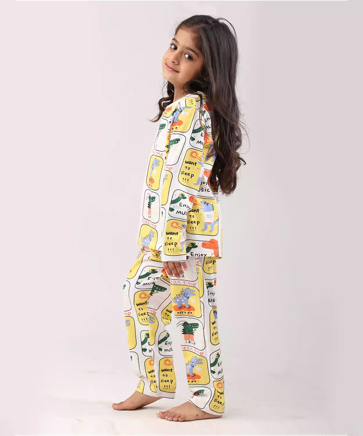 Dinosaur Stamp Gilrs Long Sleeve Pyjama Set - White