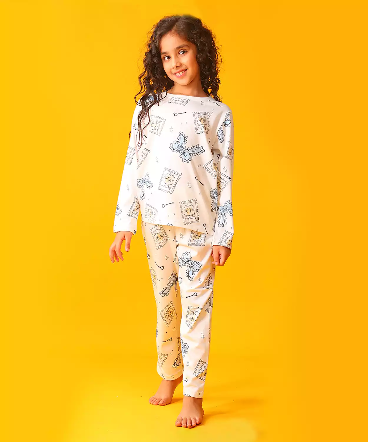 Bow Key Cat Long Sleeve Pyjama Set - White