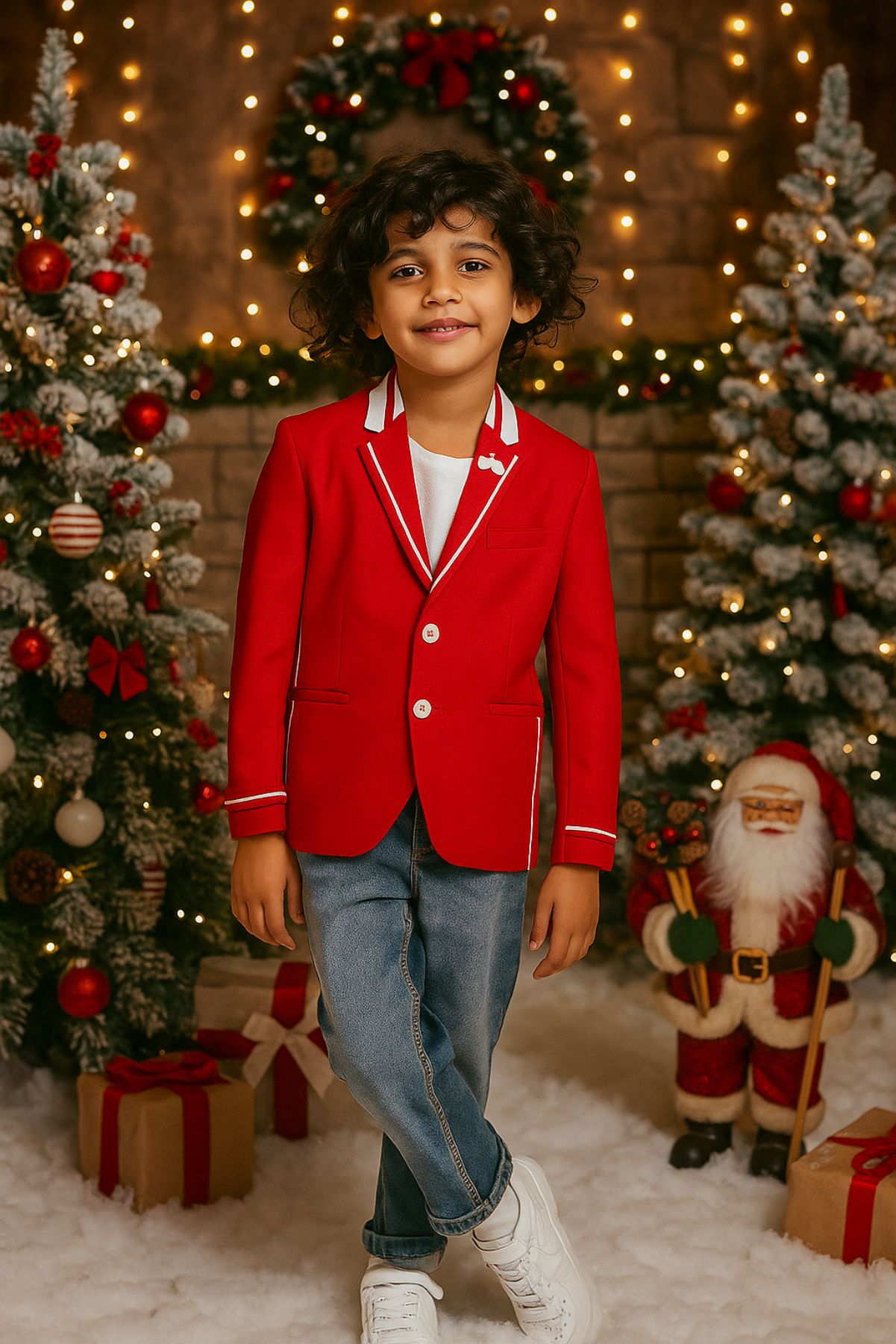 Red Blazer With Contrast Detailing On Collar