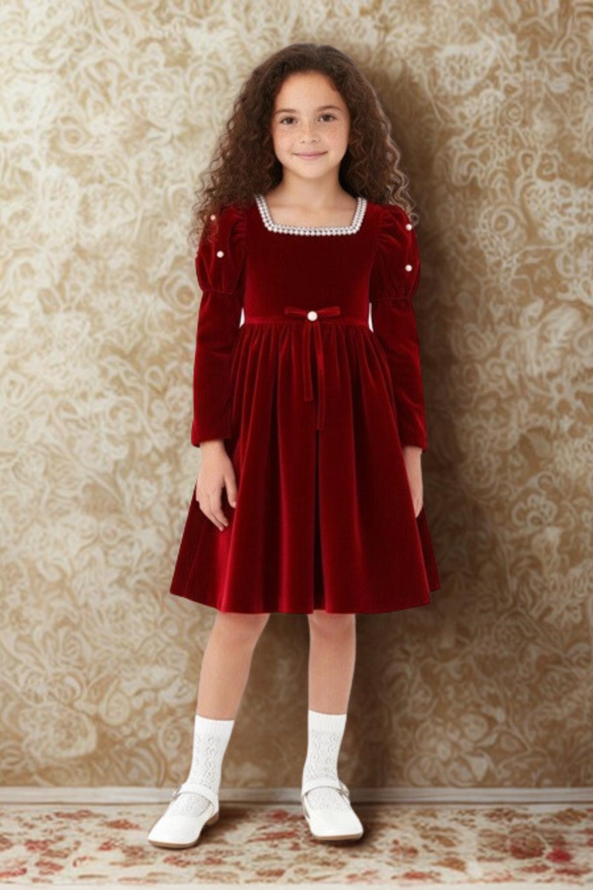 Pearl Embellished Red Velvet Dress