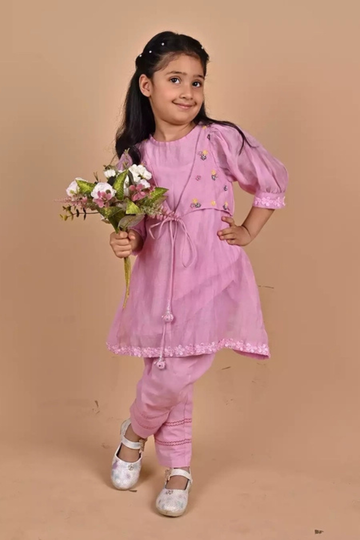 Pink Pure Chanderi Lace Hand Embroidered Kurta Set