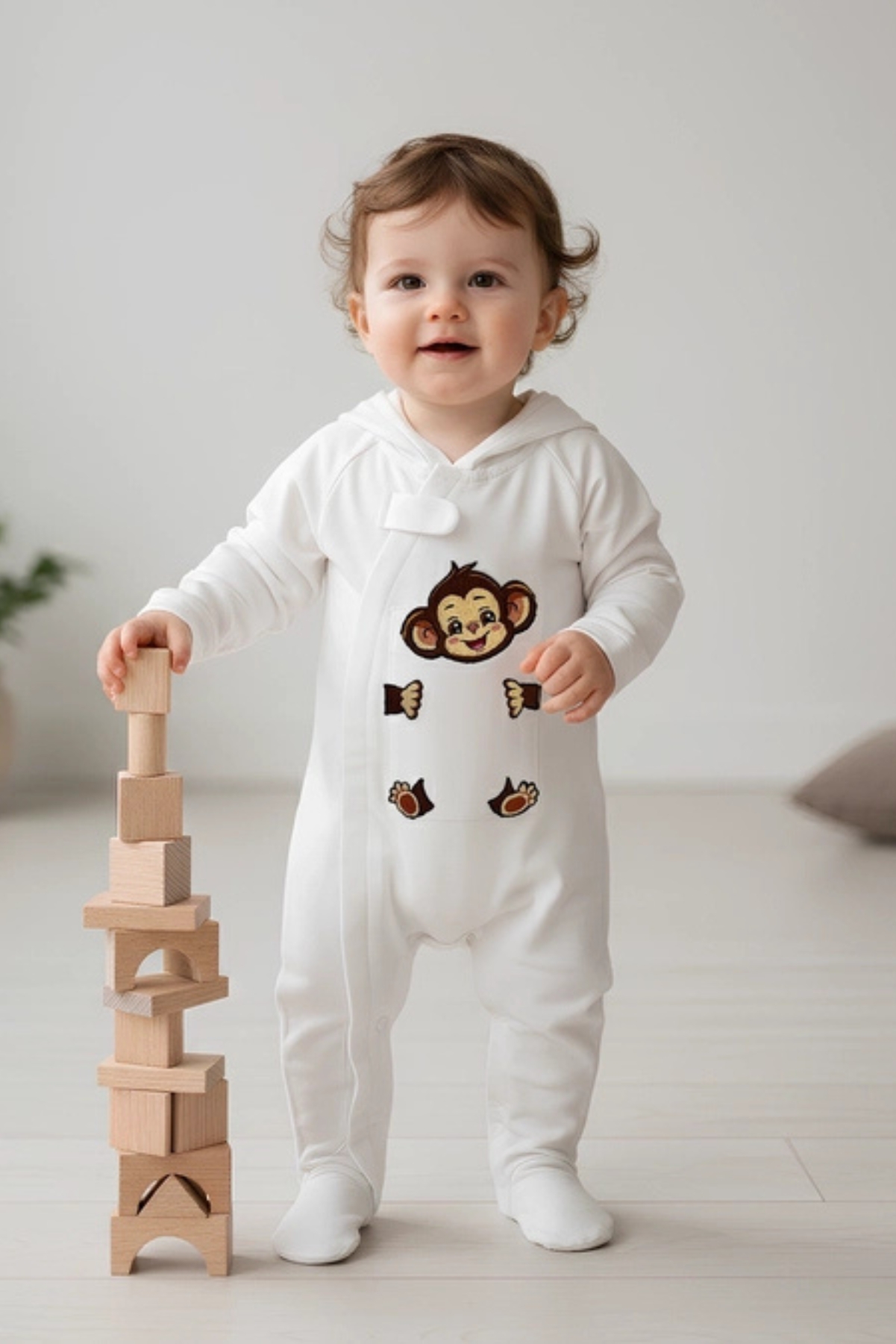 Embroidered Monkey Pocket Romper