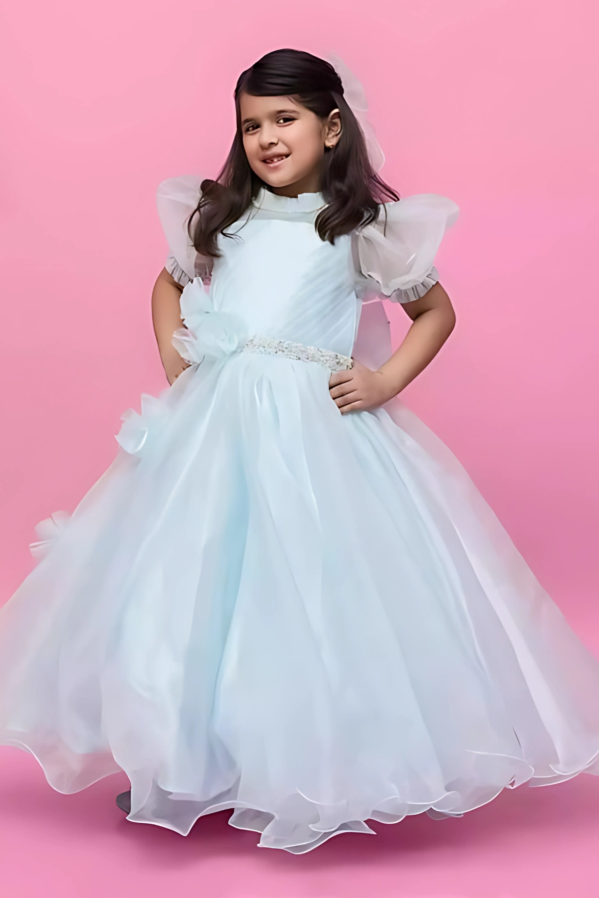 Sky Blue Organza Gown With Puff Sleeves