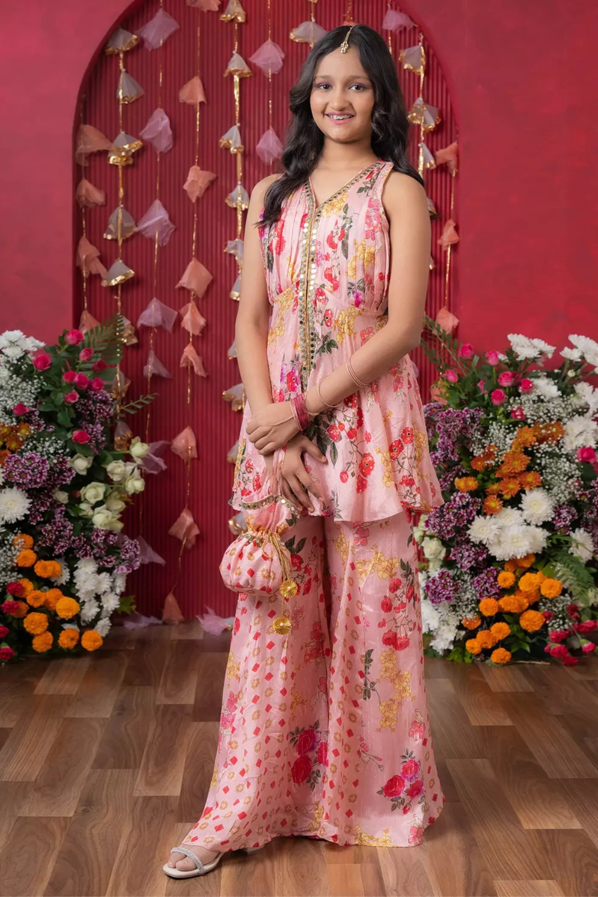 Peplum Top And Palazzo Pants Set With Potli